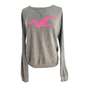 Vtg Y2K Hollister Glitter‎ Logo Sheer Panel Gray Sweatshirt Lg Trendy Athleisure